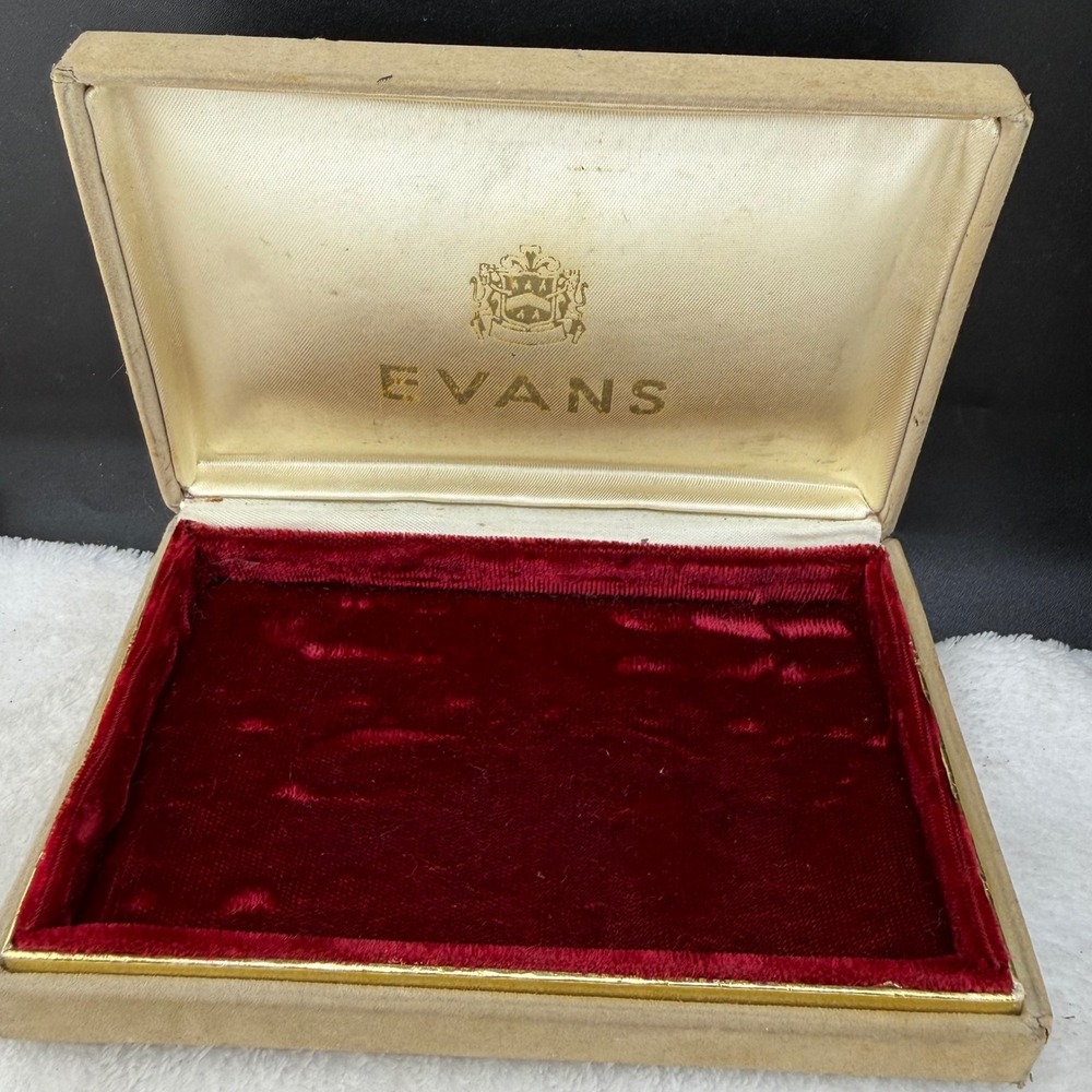 Vintage Evans Jewelry Box Tan Red Velvet Gold Tone Crest Logo READ